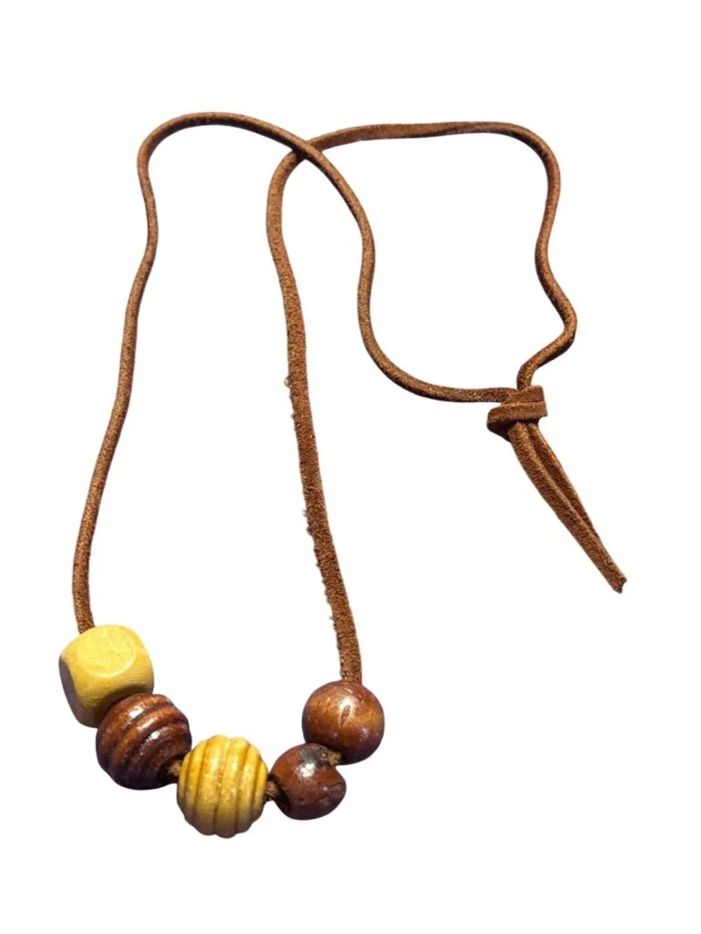 Square Brown Leather Cord Necklace Wooden Beads 26 inches Long